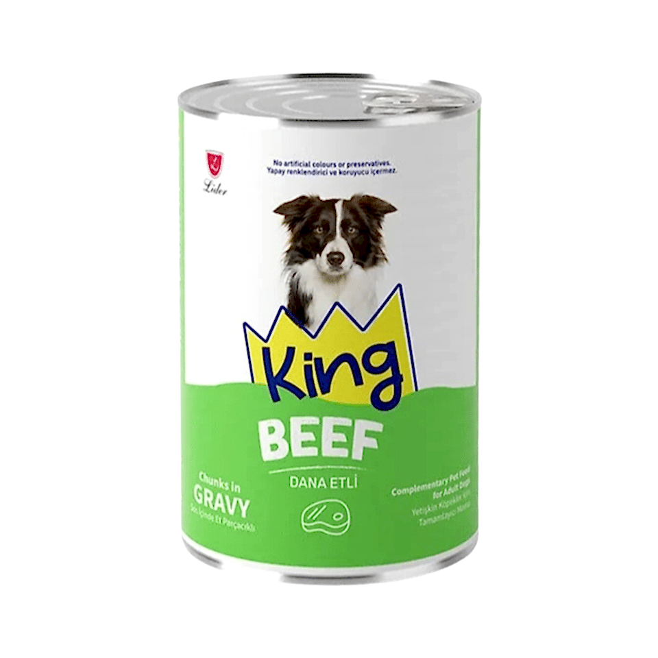 King Sos İçerisinde Et Parçacıklı Dana Etli Yetişkin Köpek Konservesi (400 g)